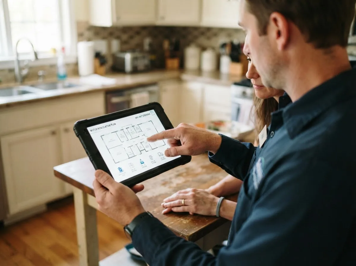 Water damage restoration technician inspecting a home in San Lorenzo, PR